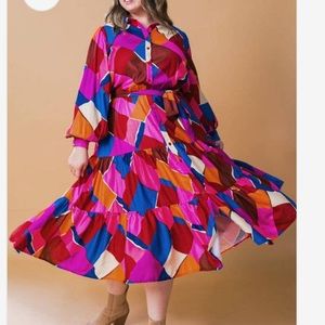 Multicolor Geometric Tiered Midi Shirt Dress